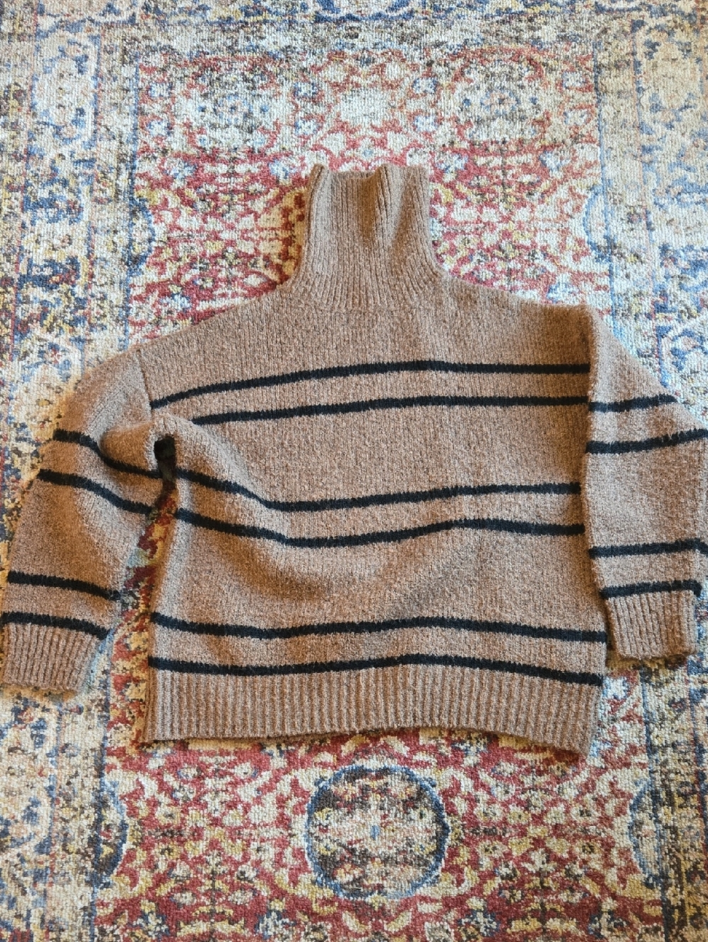Line & Dot Cozy Brown Turtleneck Sweater with Black Stripes Small